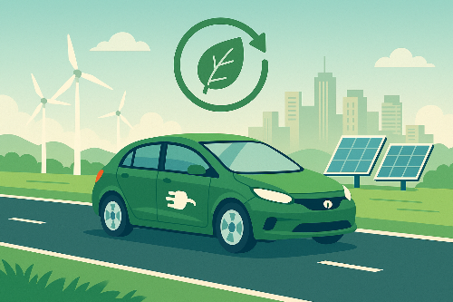 전기차가 도심 도로 위를 달리는 모습을 표현한 디지털 일러스트