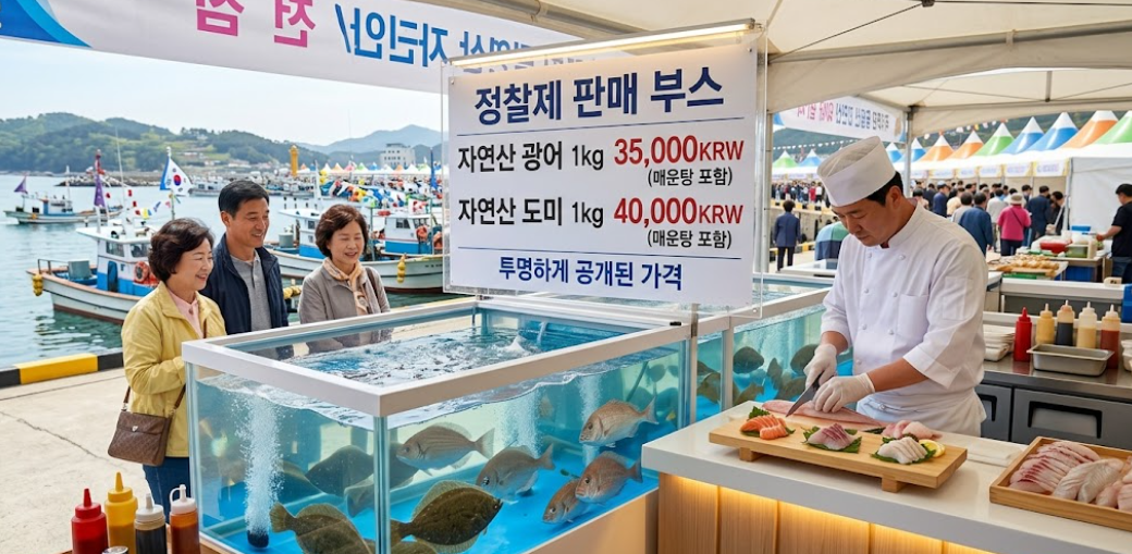 정찰제 가격표가 붙은 깔끔한 축제장 먹거리 부스와 신선한 횟감