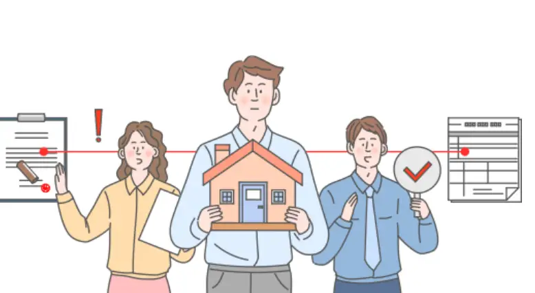 전세사기-가운데 집을들고있는 남자 좌측옆 서류를 들고있는 여자 우측옆 v판을 들고 있는 남자