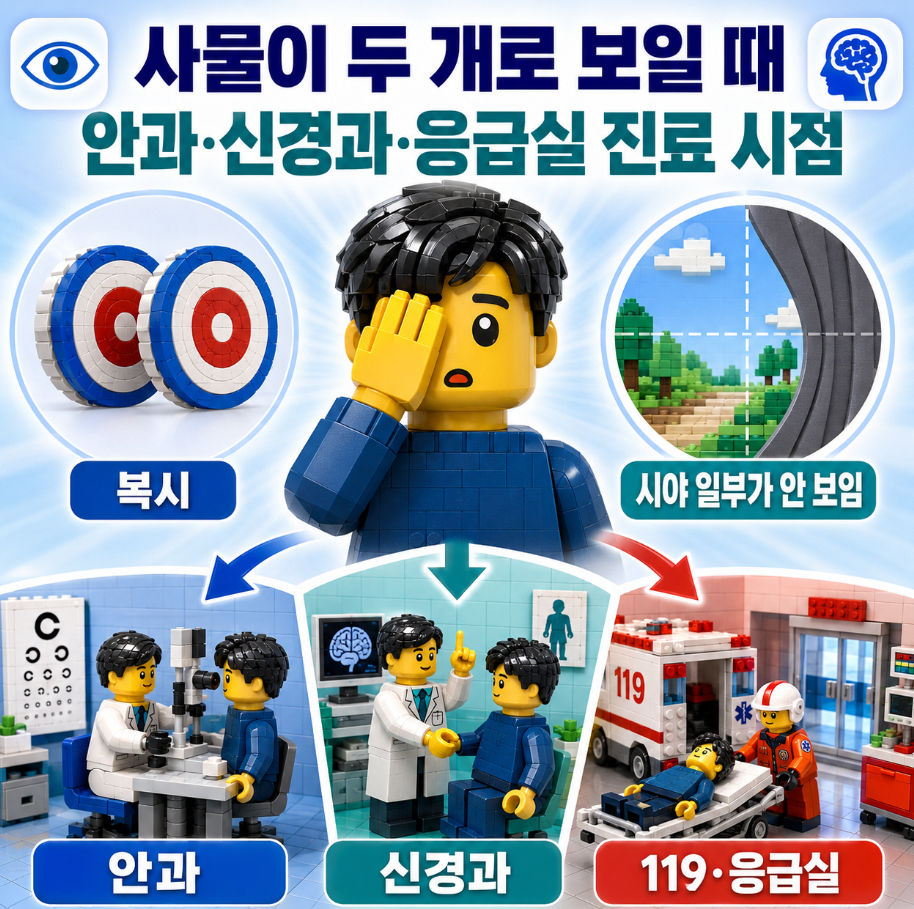 사물이 두 개로 보이거나 시야 일부가 가려질 때 안과&middot;신경과&middot;응급실 진료 시점을 안내하는 레고 인포그래픽
