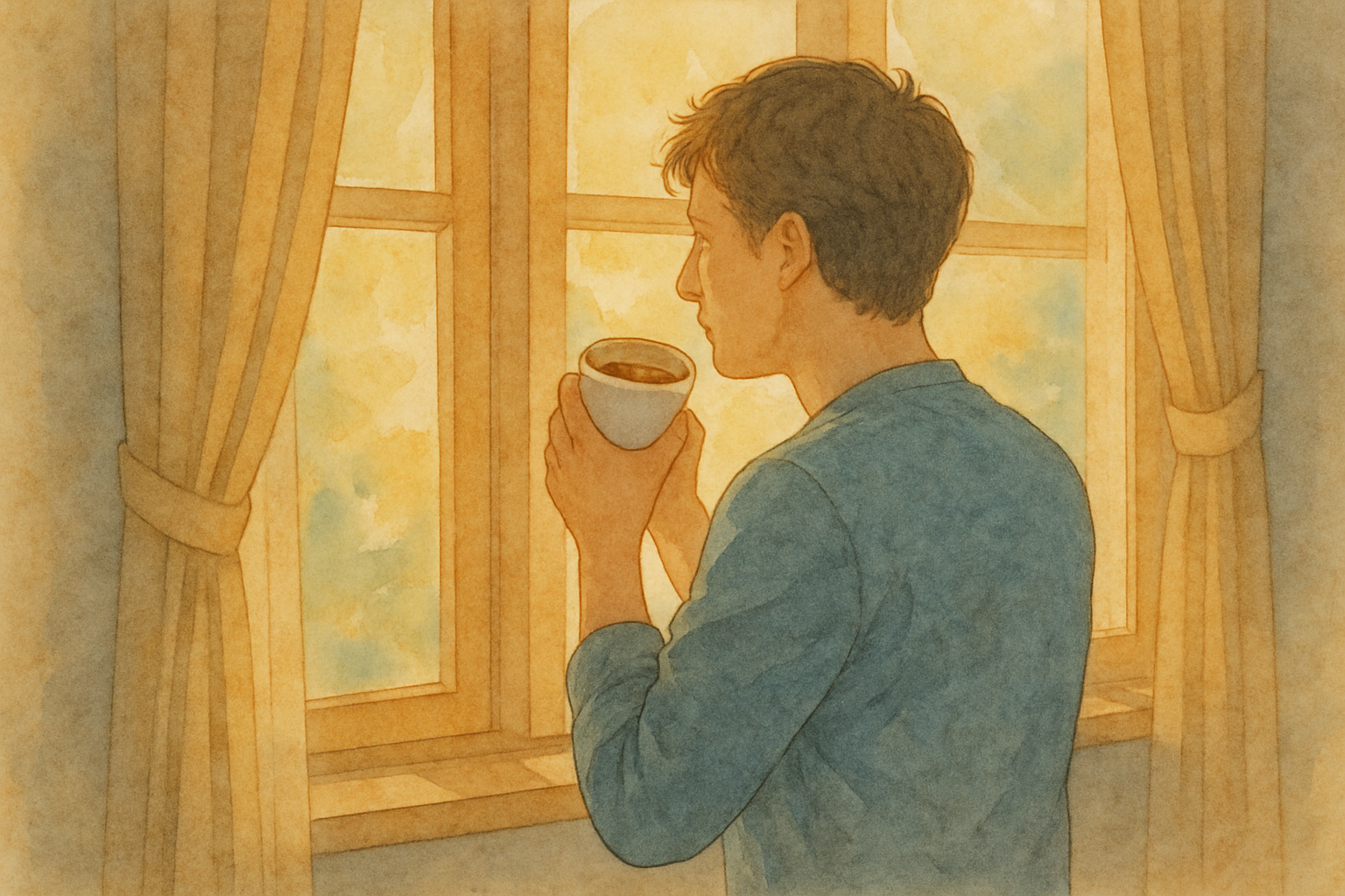 아침 햇살 속 커피 한 잔