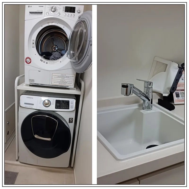 왼쪽에-흰색-세탁기와-건조기가-있고-오른쪽에는-손빨래-할수-있는-세면대와-수도가-있음-전체적으로-흰색-톤