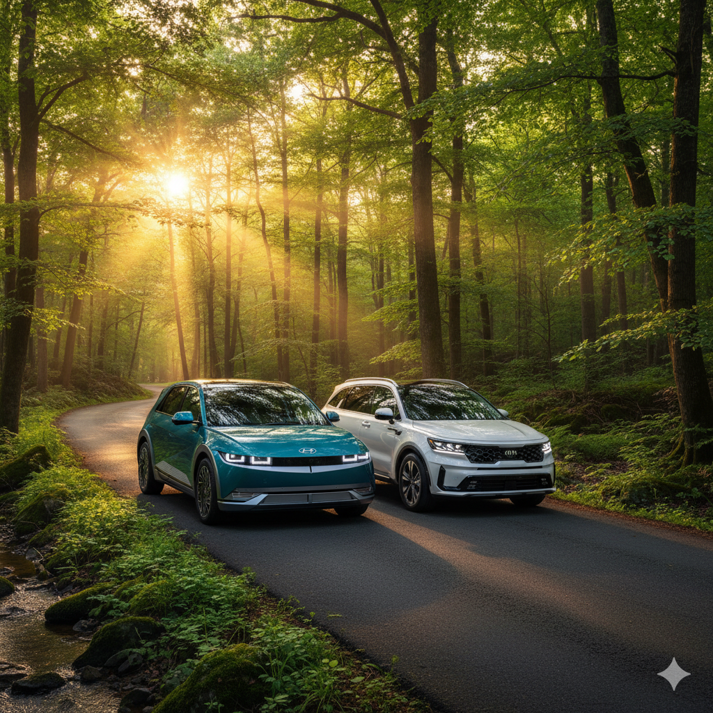 숲속 도로 위에 전기차와 하이브리드 차량이 나란히 서 있는 장면. 햇살이 비치는 밝은 분위기 속에서 친환경 자동차의 조화를 표현한 이미지.