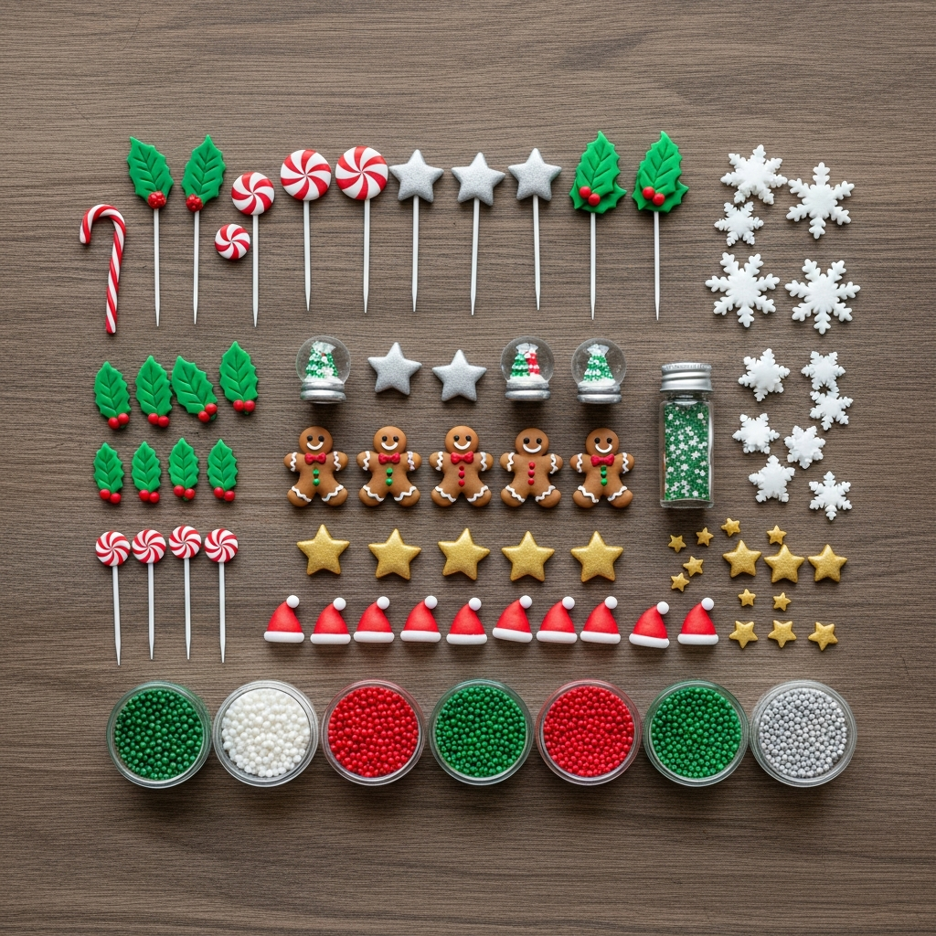 다양한 종류의 크리스마스 케이크 토퍼와 장식용 캔디, 픽 등을 모아 놓은 평면 사진