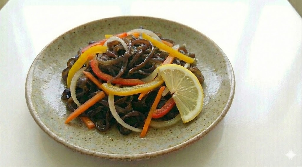 파프리카나 레몬의 비타민 C 성분이 목이버섯의 식물성 철분 흡수를 도와 빈혈을 예방하고 혈액 생성을 촉진하는 건강 샐러드