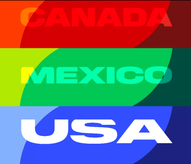 태국전- 3등분 국기모양 상단 붉은바탕 가운데 연한붉은색 글짜 CANADA 중간 녹색바탕 가운데 연한녹색 글짜 MEXICO 하단 파란바탕 가운데 흰색 글짜 USA