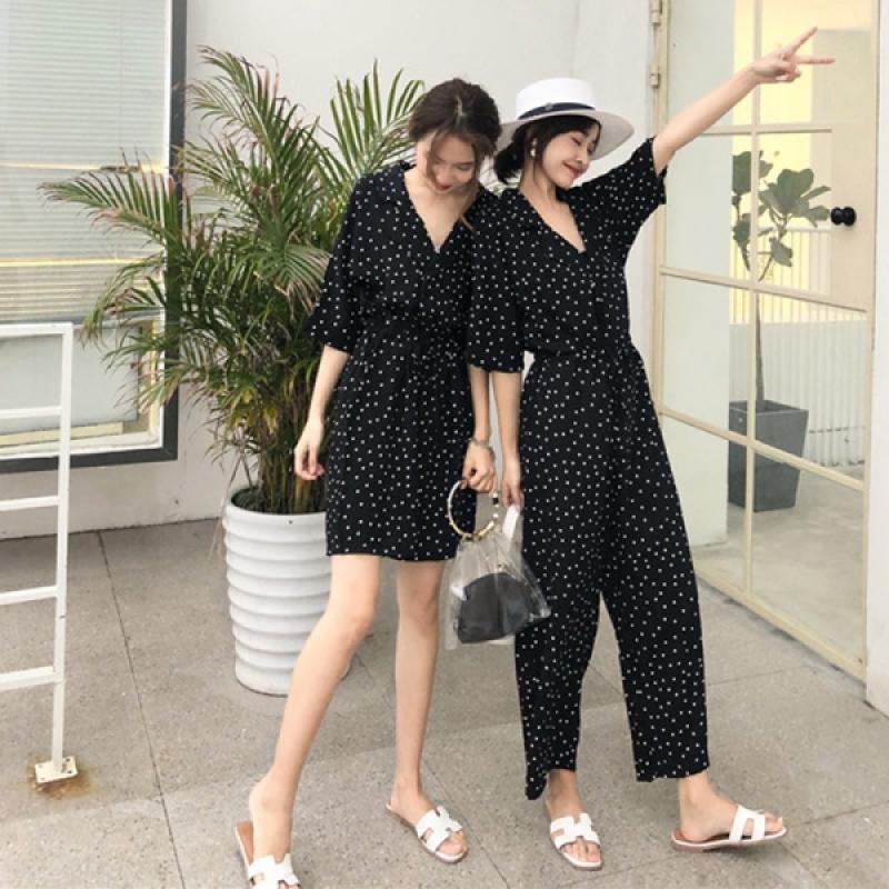 우정룩 브이넥 도트 원피스 시밀러 와이드 팬츠