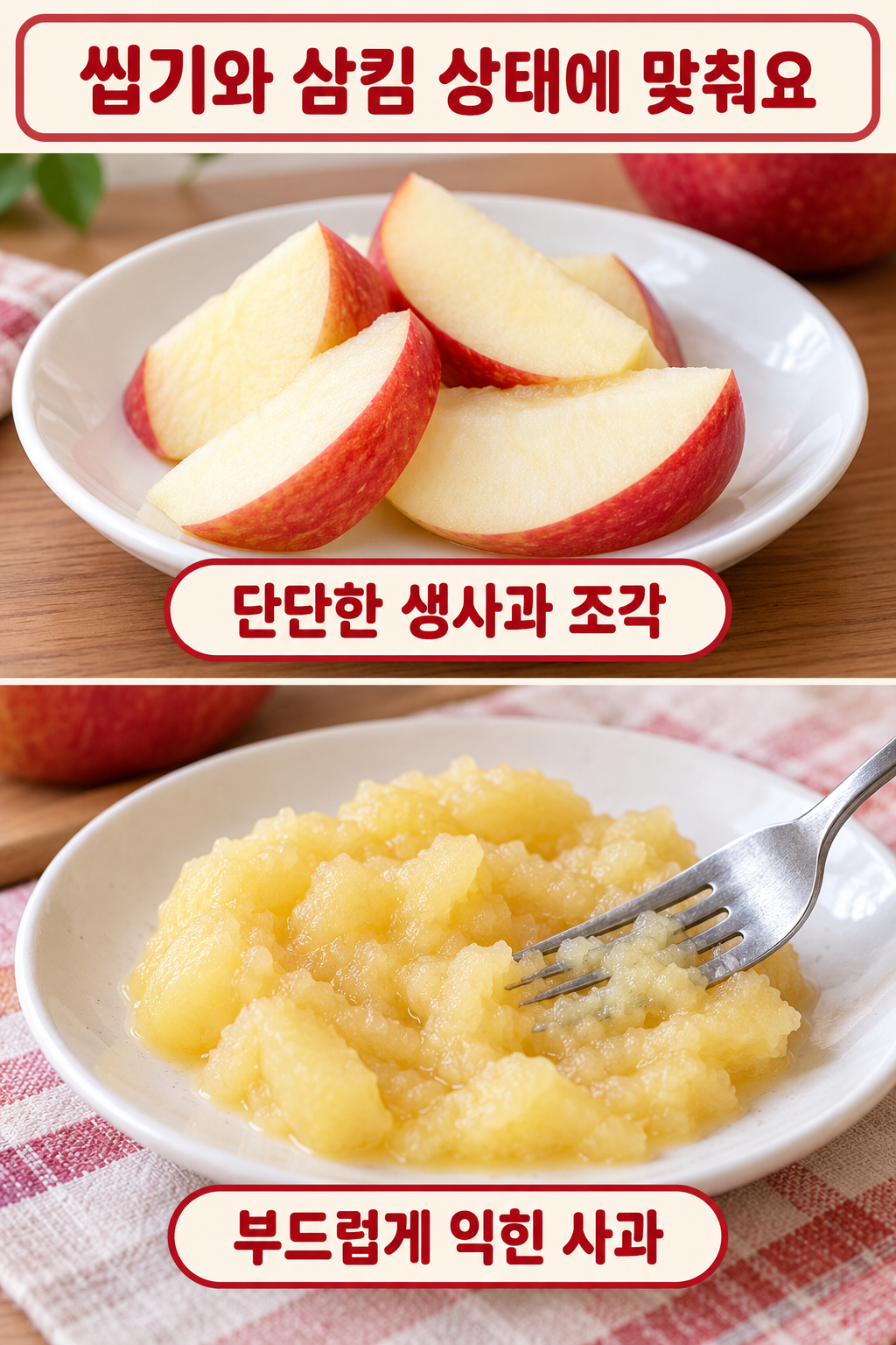 단단한 생사과 조각과 포크로 쉽게 눌리는 익힌 사과의 질감 비교.