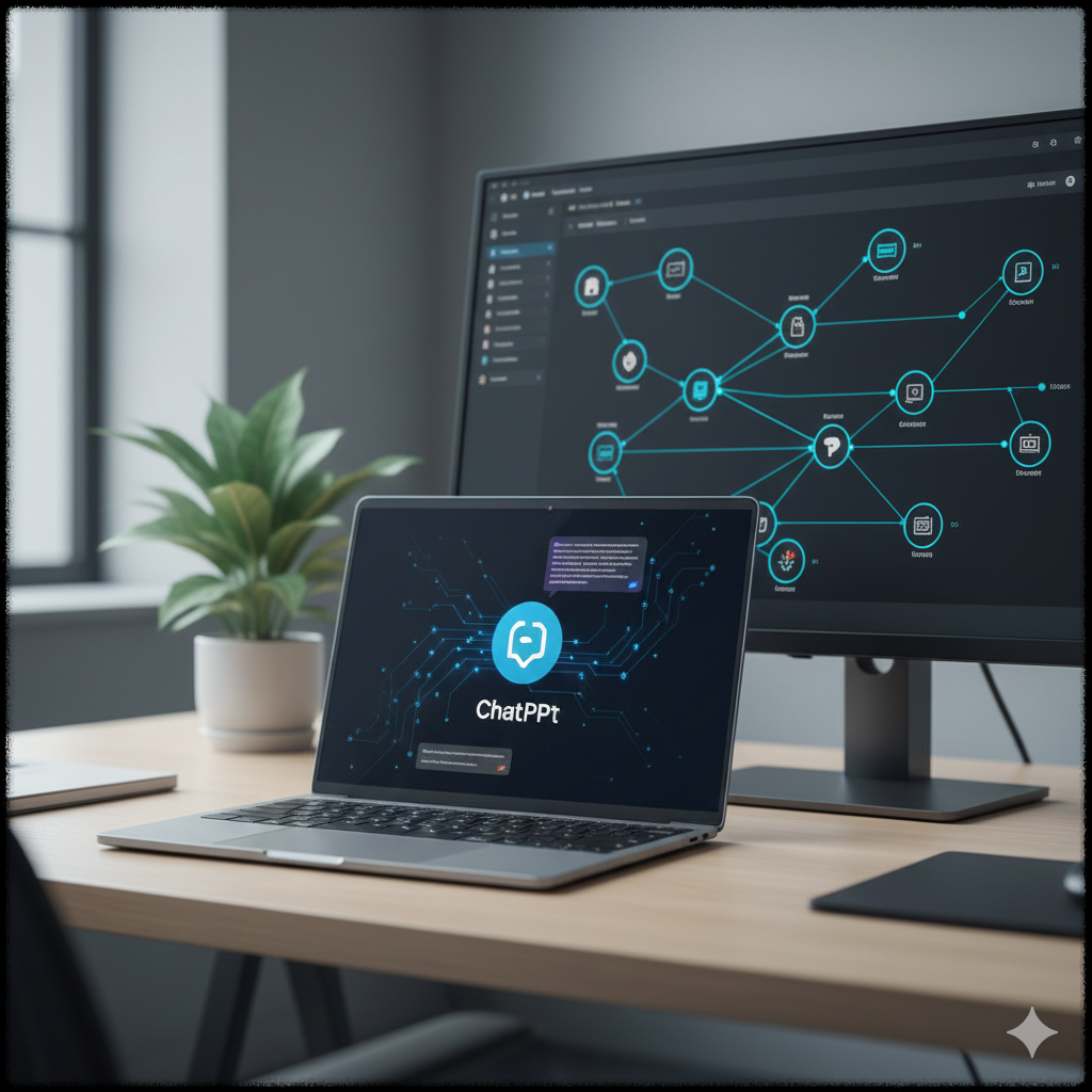 AI 자동화 부업 작업 환경을 표현한 노트북과 모니터 이미지