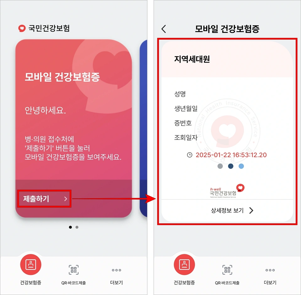 모바일 건강보험증의 '제출하기'를 선택하고, 표시된 본인의 정보를 확인