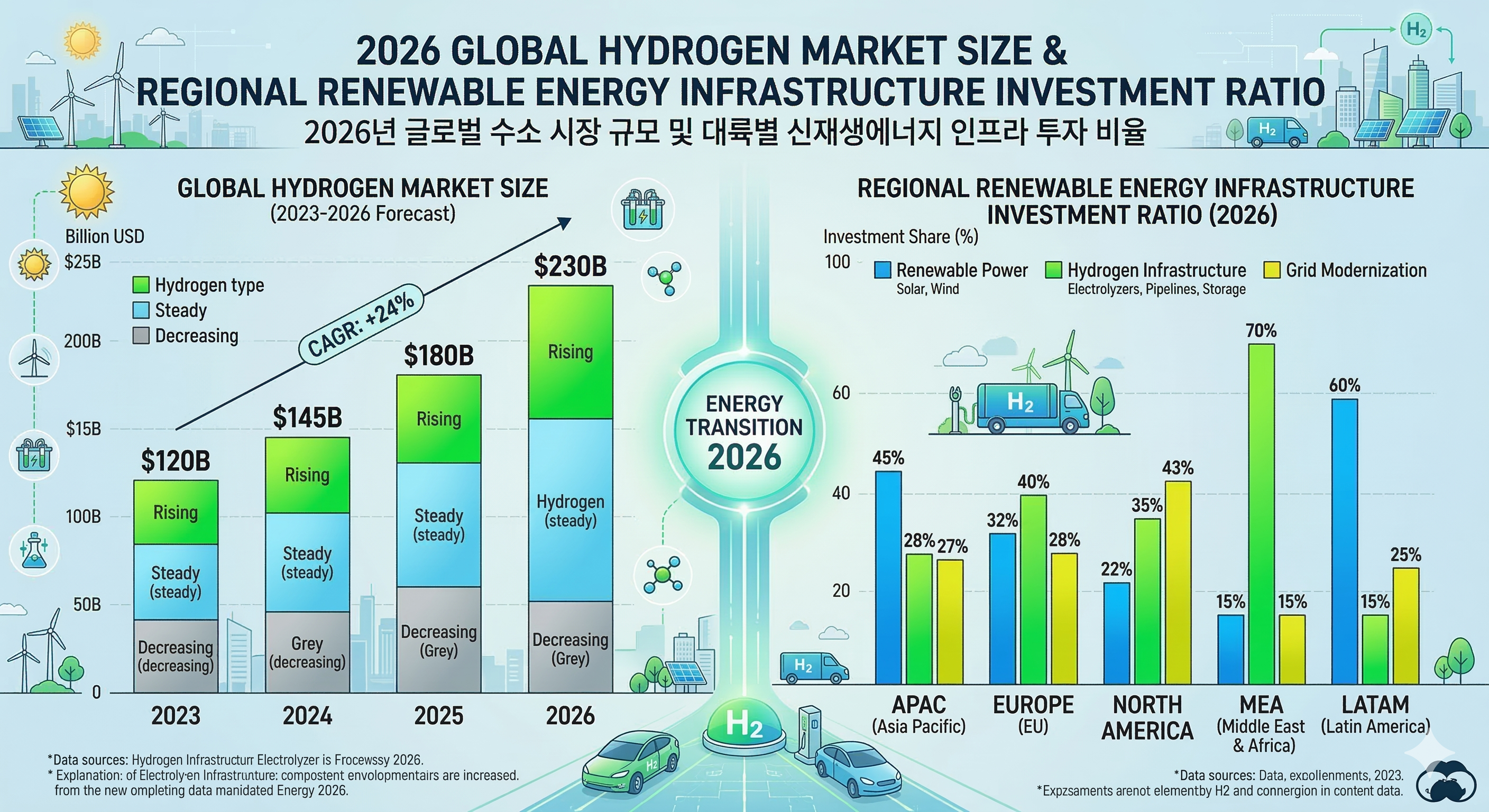 2026년 글로벌 수소 시장 규모 및 대륙별 신재생에너지 인프라 투자 비율을 나타내는 상세 막대그래프