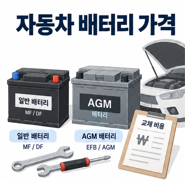 자동차 배터리와 가격표 정비 공구를 배경으로 자동차 배터리 가격이라는 글자가 중앙에 놓인 자동차 관리 인포그래픽