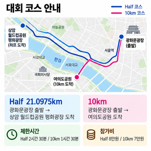 2026년 4월 26일 광화문광장에서 출발해 하프는 상암 월드컵공원 평화광장, 10킬로미터는 여의도공원에 도착하는 코스를 설명한 이미지