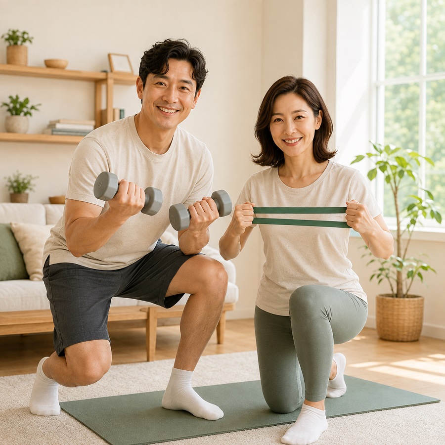 밝은 거실에서 가벼운 아령과 밴드로 근력운동을 하는 건강한 40대 부부