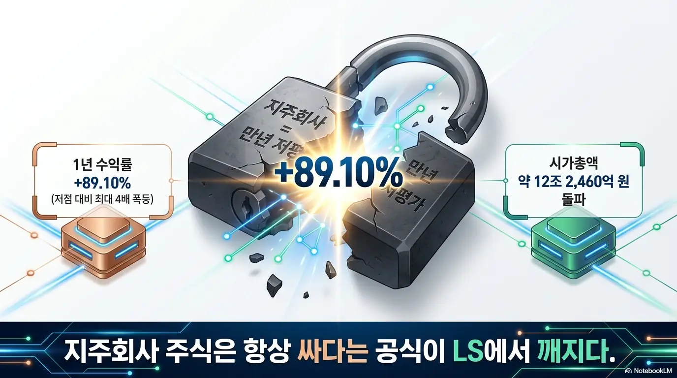 LS 주가 전망: 깨진 자물쇠에 'LS 1년 수익률 +89.10%'가 표시된 인포그래픽. '지주회사는 만년 저평가'라는 공식이 깨지는 모습으로, 저점 대비 최대 4배 급등과 시가총액 약 12조 2,460억 원 돌파를 시각화했다. 블로그의 LS 주가 급등 배경과 지주사 디스카운트 해소 흐름을 설명함.