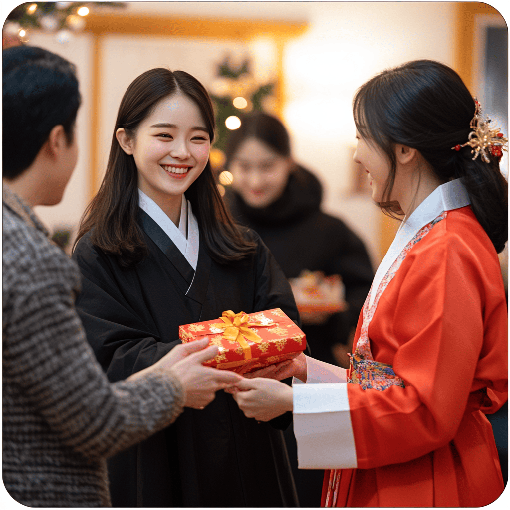 밝은 미소로 선물을 주고받는 한복 차림의 두 여성과 남성, 배경에는 화사한 장식과 따뜻한 빛이 가득한 공간