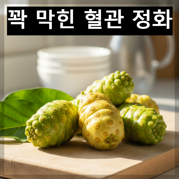 혈관 건강에 도움을 주는 신선한 노니 열매와 따뜻하게 우려낸 노니 차 이미지