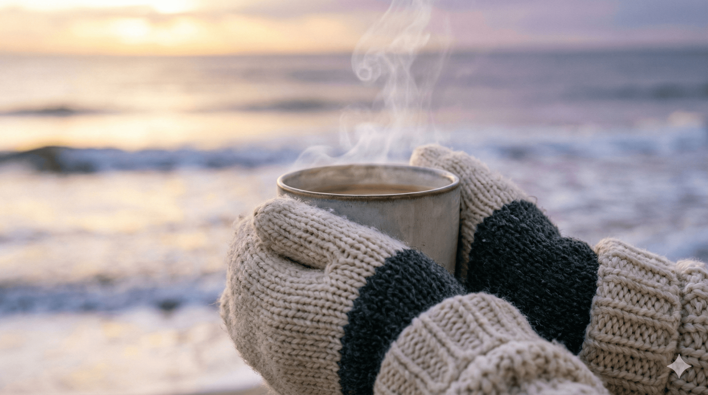 추운 겨울 바다 앞에서 두꺼운 옷을 입고 따뜻한 커피 컵을 손에 쥐고 있는 사람