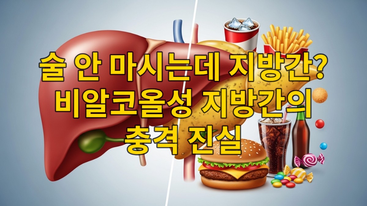 건강한 간과 비알코올성 지방간을 대비한 이미지. 비만, 패스트푸드, 설탕이 가득한 음료가 비알코올성 지방간의 주원인임을 상징적으로 보여줍니다.