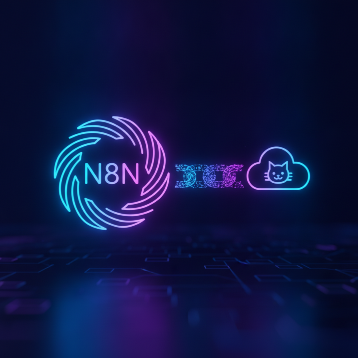 n8n 워크플로우와 깃허브 저장소가 안전하게 연결된 모습을 형상화한 현대적인 디지털 아트 이미지