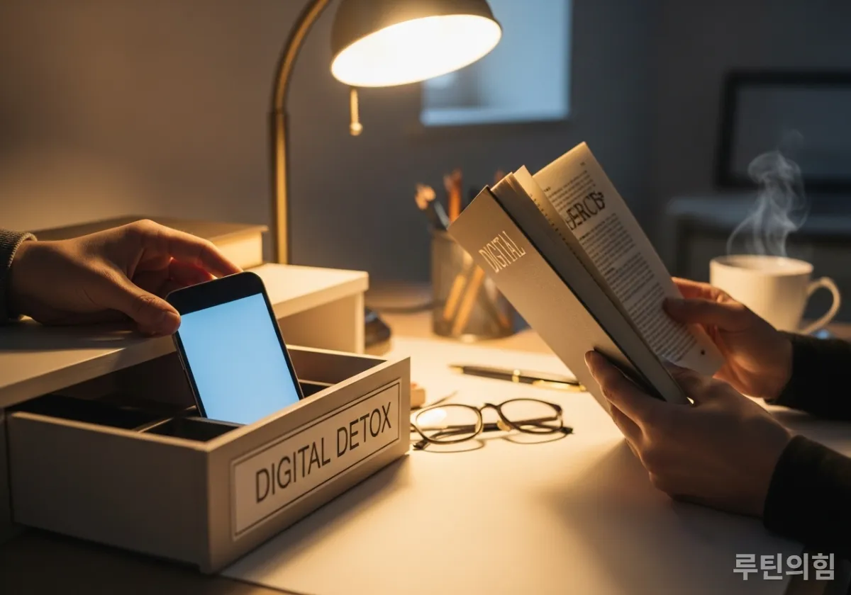 스마트폰을 서랍에 넣고 디지털 디톡스를 실천하는 장면