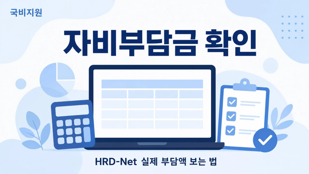 HRD-Net에서 국비지원 자비부담금과 실제 부담액을 확인하는 방법을 정리한 이미지