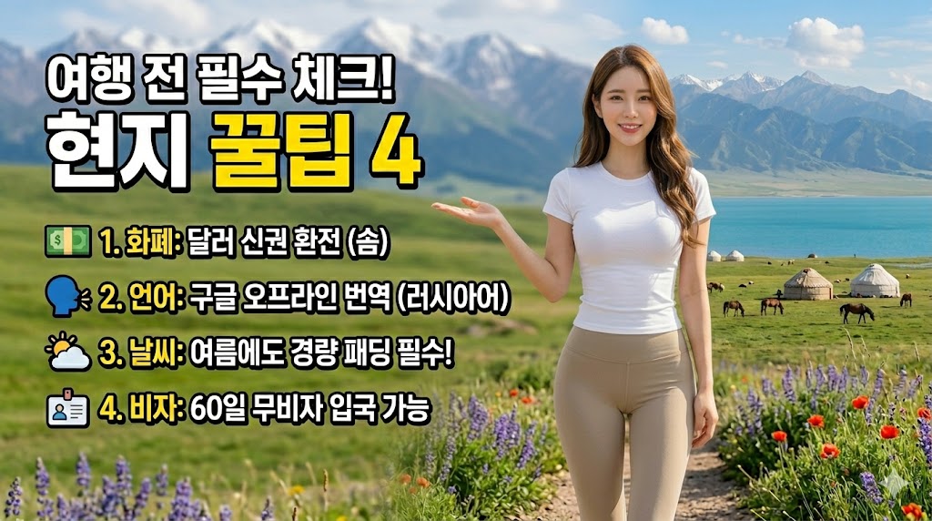 [카자흐스탄 여행코스] 여행 전 필수 체크! 실전 꿀팁 4가지 홀로그램 안내 이미지. 아름다운 22살 한국 여성 여행자가 카자흐스탄의 웅장한 산맥과 초원을 배경으로 마법 같은 홀로그램 보드를 활용해 환전, 앱, 언어, 옷차림 정보를 멋지게 안내해주는 모습. 흰색 타이트 반팔과 그레이 레깅스를 입고 자신감 넘치는 포즈. 볼륨감 있는 몸매 강조.