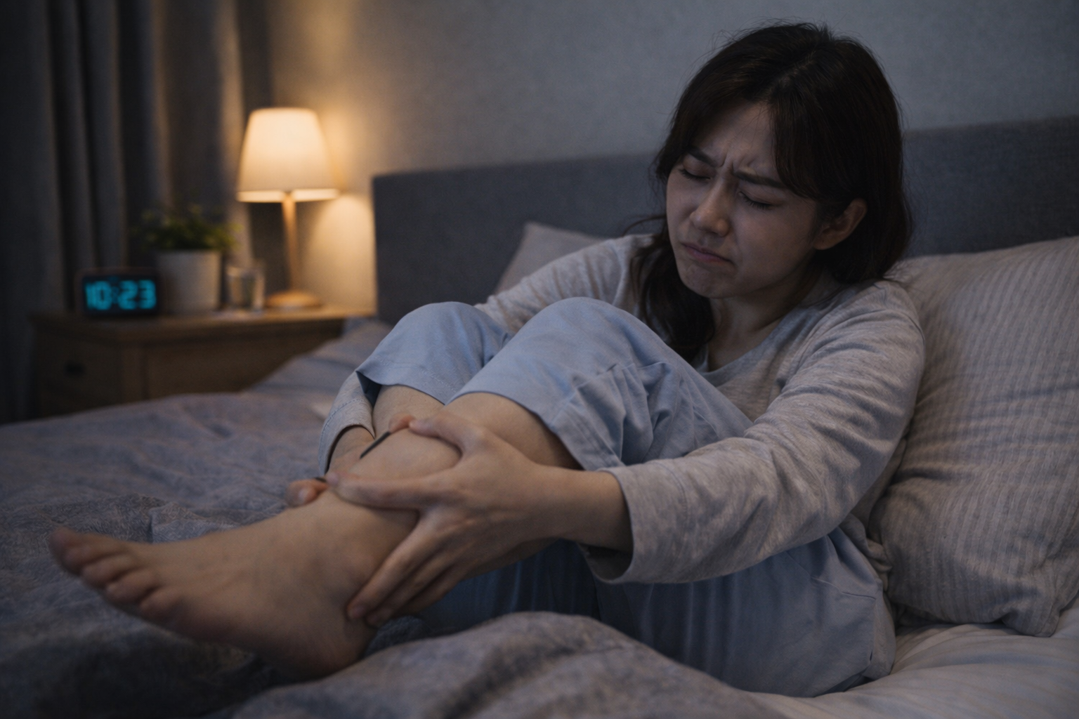 밤에 다리 불편감으로 잠들기 어려워하는 여성의 모습, 하지불안증후군과 수면장애를 설명하는 이미지