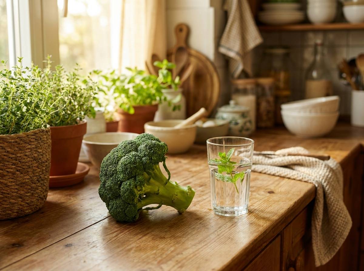 신선한 브로콜리와 맑은 물이 담긴 유리잔, 깨끗하고 싱그러운 아침 햇살이 비치는 주방 배경, 자연 친화적인 웰빙 스타일