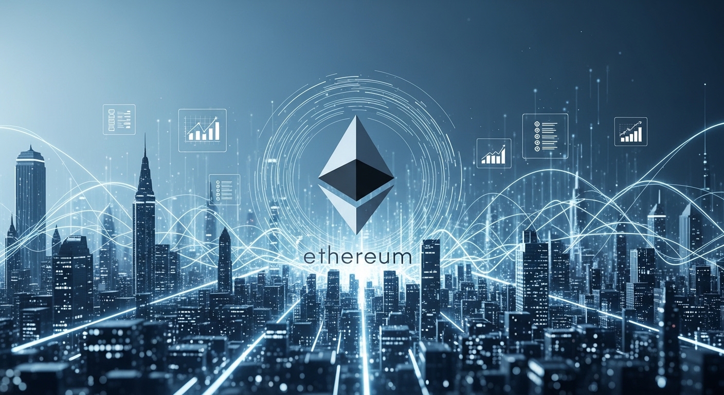 2026년 이더리움 생태계의 성장과 세금 효율적인 투자를 상징하는 미래 지향적인 디지털 도시와 이더리움 로고.