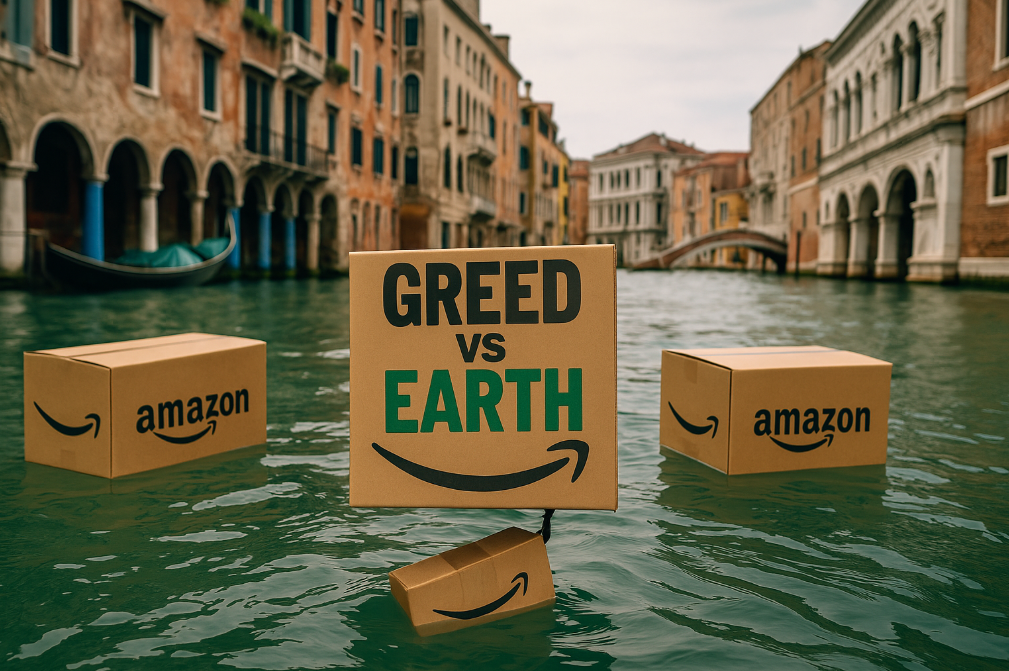 베네치아 운하 위에 떠 있는 아마존 박스들 이미지