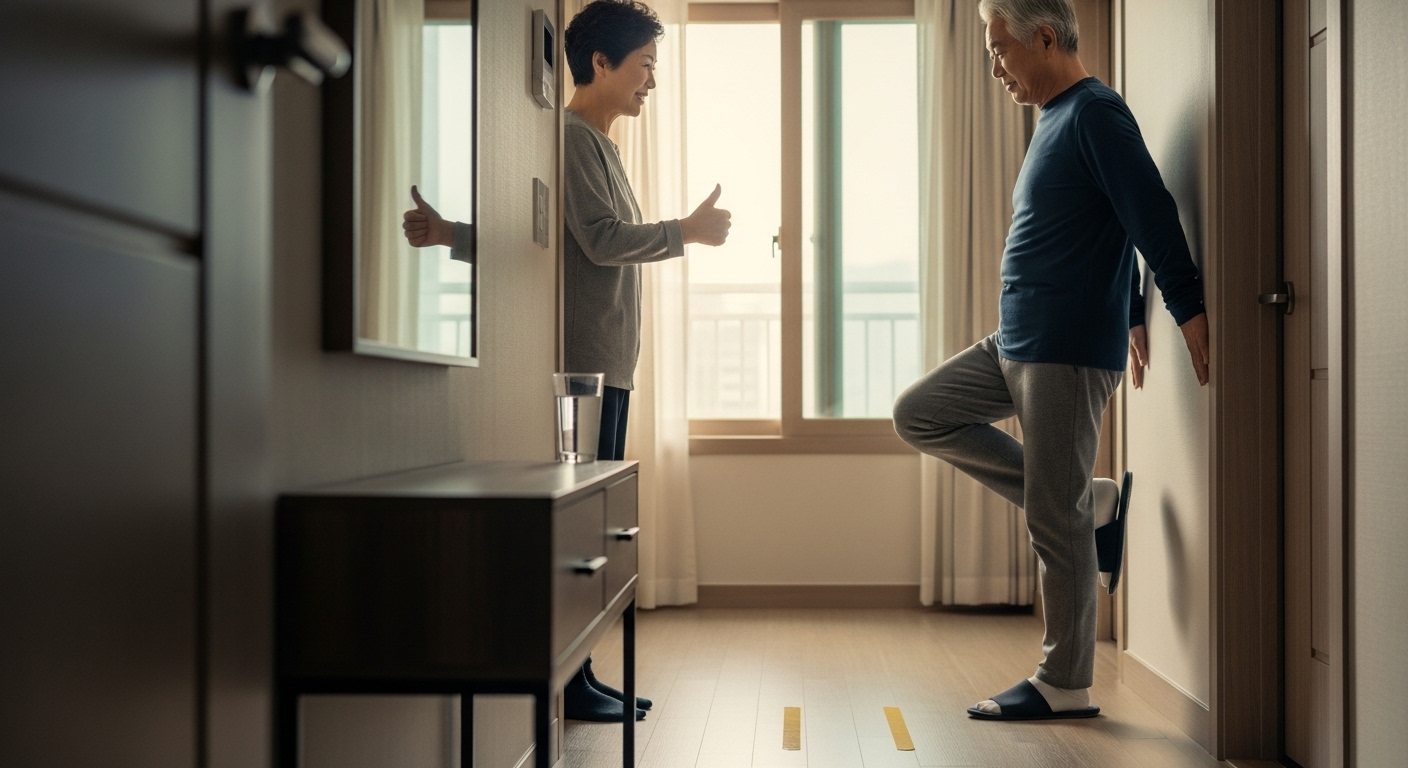 현관 앞에서 벽을 짚고 한 발 서기 연습을 하는 60대 한국인 남성, 아침 햇살, 안전한 실내 루틴 장면