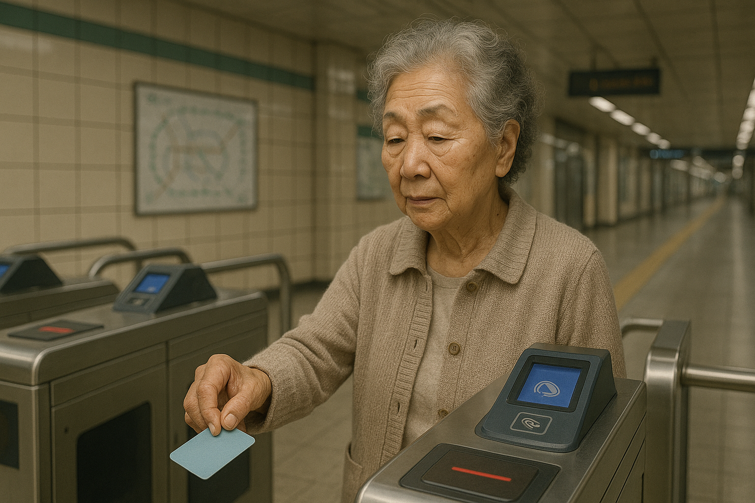 여성 노인이 지하철 개찰구에서 교통 카드를 찍고 있는 모습