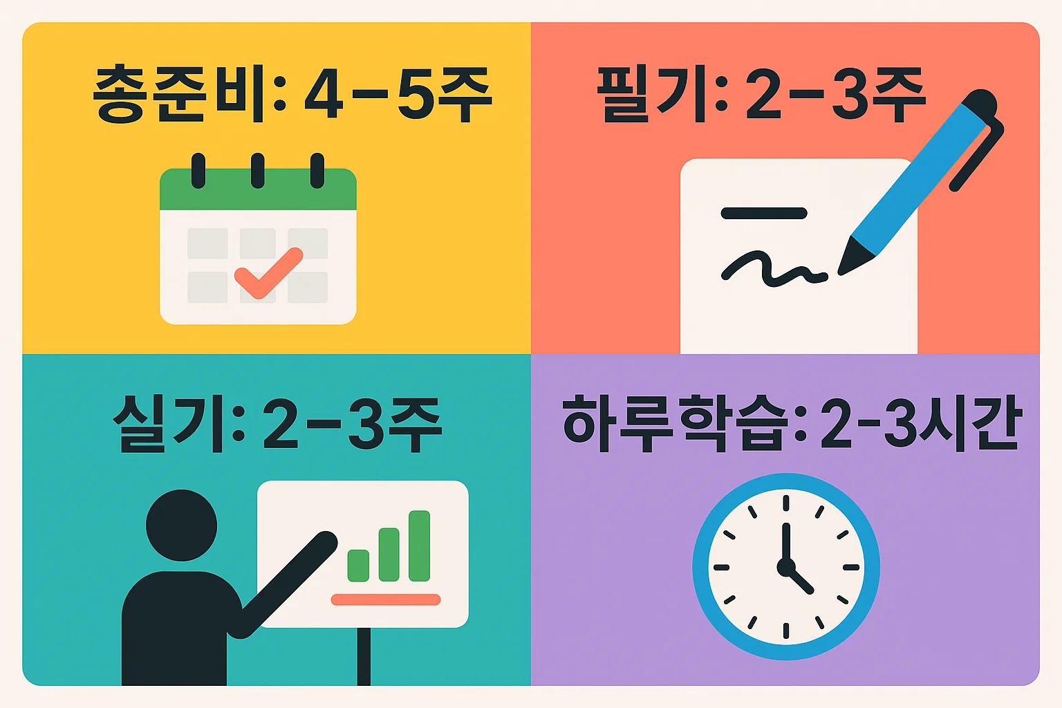 컴활 2급 자격증 대비를 위한 총 준비기간, 필기·실기 공부기간, 하루 학습시간 계획을 제시한 인포그래픽