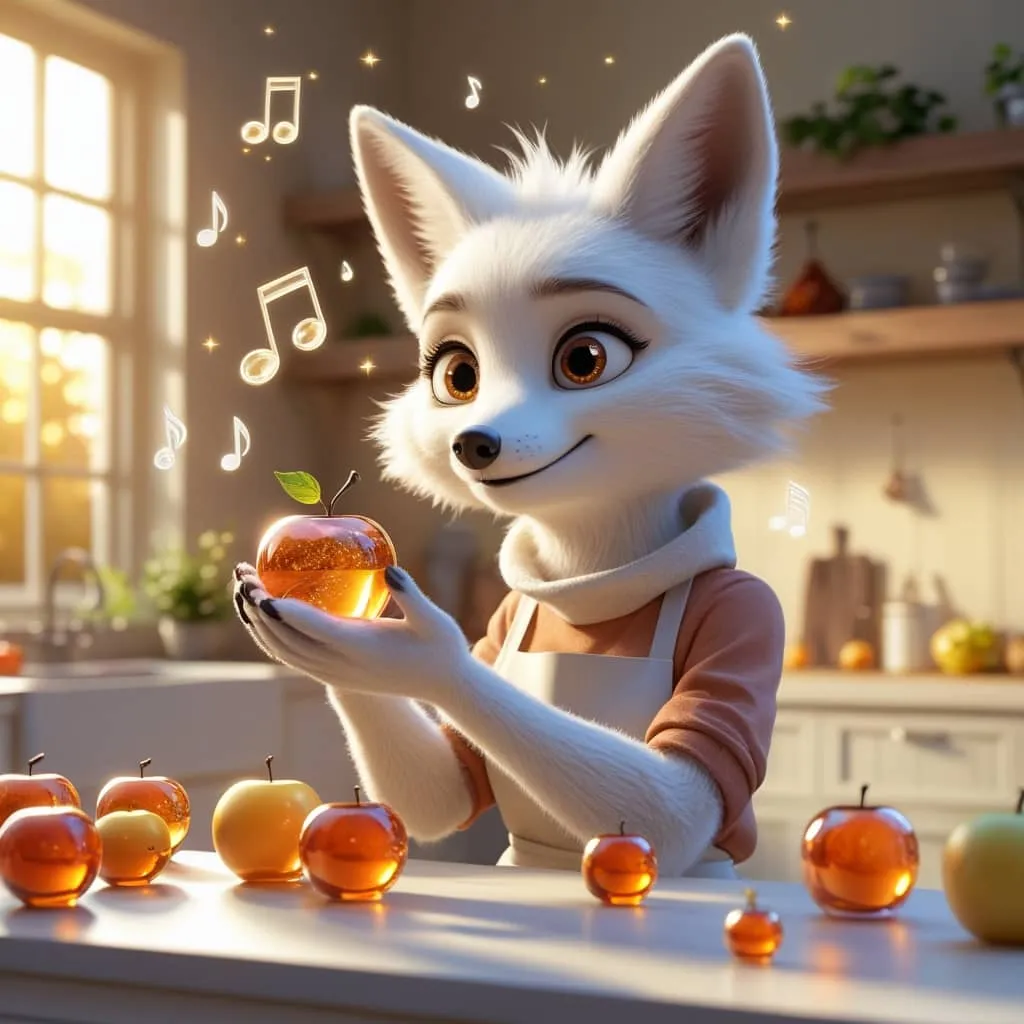 따뜻한 부엌에서 흰색 여우 캐릭터가 반짝이는 유리 사과를 들고 감탄하는 장면. VEO3와 AI 생성 콘텐츠로 표현된 유리과일 먹방의 감성적인 예시 이미지. (glass fruit AI mukbang&amp;#44; VEO3 example with cute white fox character) 