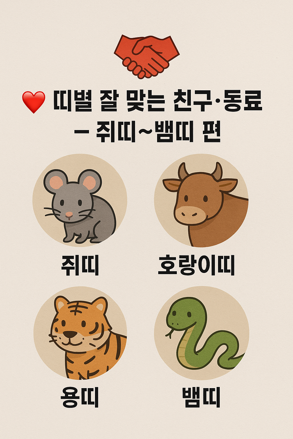 띠별 잘 맞는 친구&middot;동료 궁합 &ndash; 쥐띠~뱀띠 편