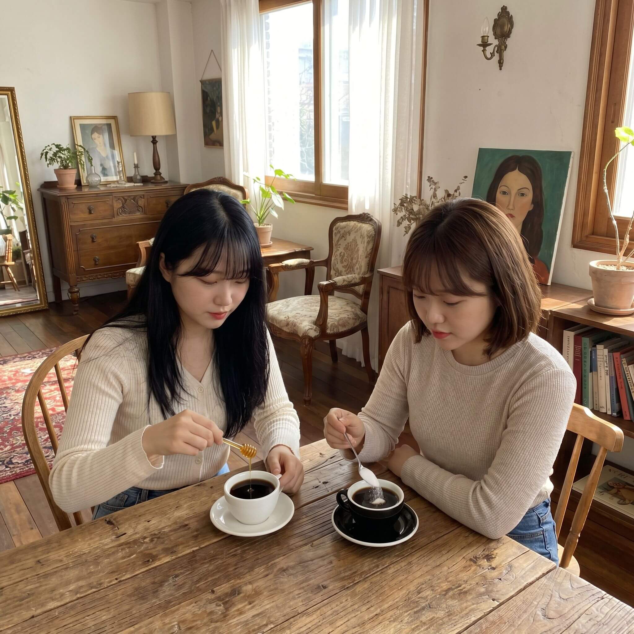 커피에 꿀과 설탕을 각각 타고있는 한국 여성들