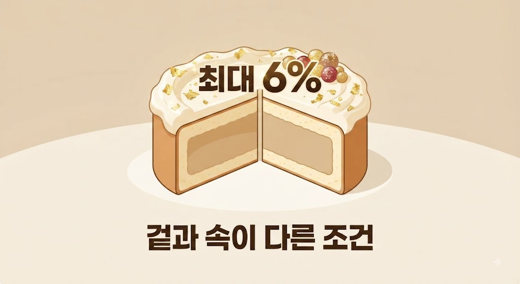 화려한 겉면과 텅 빈 속 단면이 대비되는 케이크 그림과 "겉과 속이 다른 조건" 문구가 담긴 숫자로 보는 오늘 대표이미지