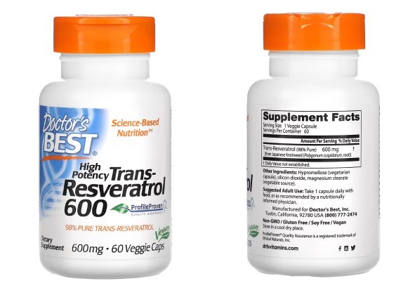 Doctor's Best, 고효능 트랜스 레스베라트롤 600, 600mg, 베지 캡슐 60정