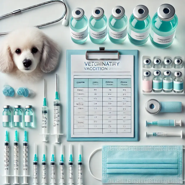 하얀 배경 위에 정돈된 반려견 백신, 주사기, 예방접종 수첩의 전문 스튜디오 촬영 사진