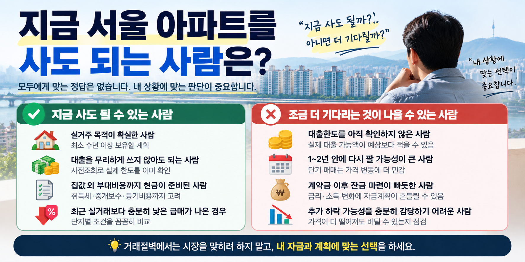 서울 아파트 매수 적합 조건과 기다려야 할 조건 비교 이미지