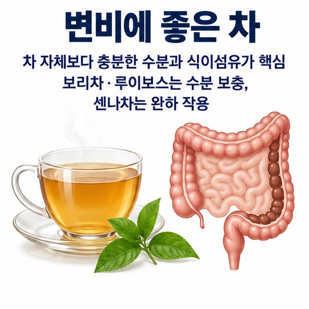 변비에 좋은 차와 보리차 루이보스 센나차를 수분 보충과 완하 작용으로 구분해 보여주는 건강 교육용 이미지