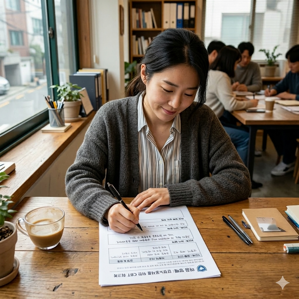 감정노동자를 위한 '마음 방패' CBT 워크시트를 작성하고 있는 모습