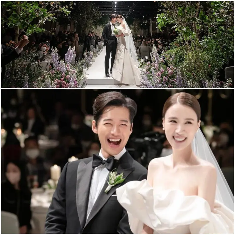 결혼식 예복을 입고 밝게 웃고 있는 남궁민과 배우자 진아름