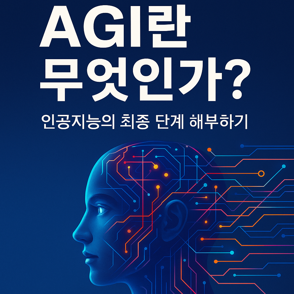 AGI란 무엇인가? 인공지능의 최종 단계 해부하기 썸네일 이미지, 푸른 배경에 디지털 회로가 강조된 AI 얼굴 프로필