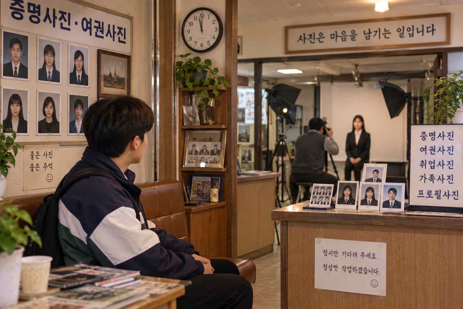 사진관의 흰 배경과 조명 앞에서 사진사가 증명사진을 촬영하는 모습