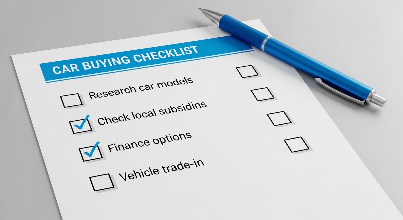 전기차 구매 전 준비해야 할 사항들을 나타내는 체크리스트 이미지. 차종 조사, 보조금 확인, 금융 상담 등 계획적인 준비의 중요성을 시사한다.