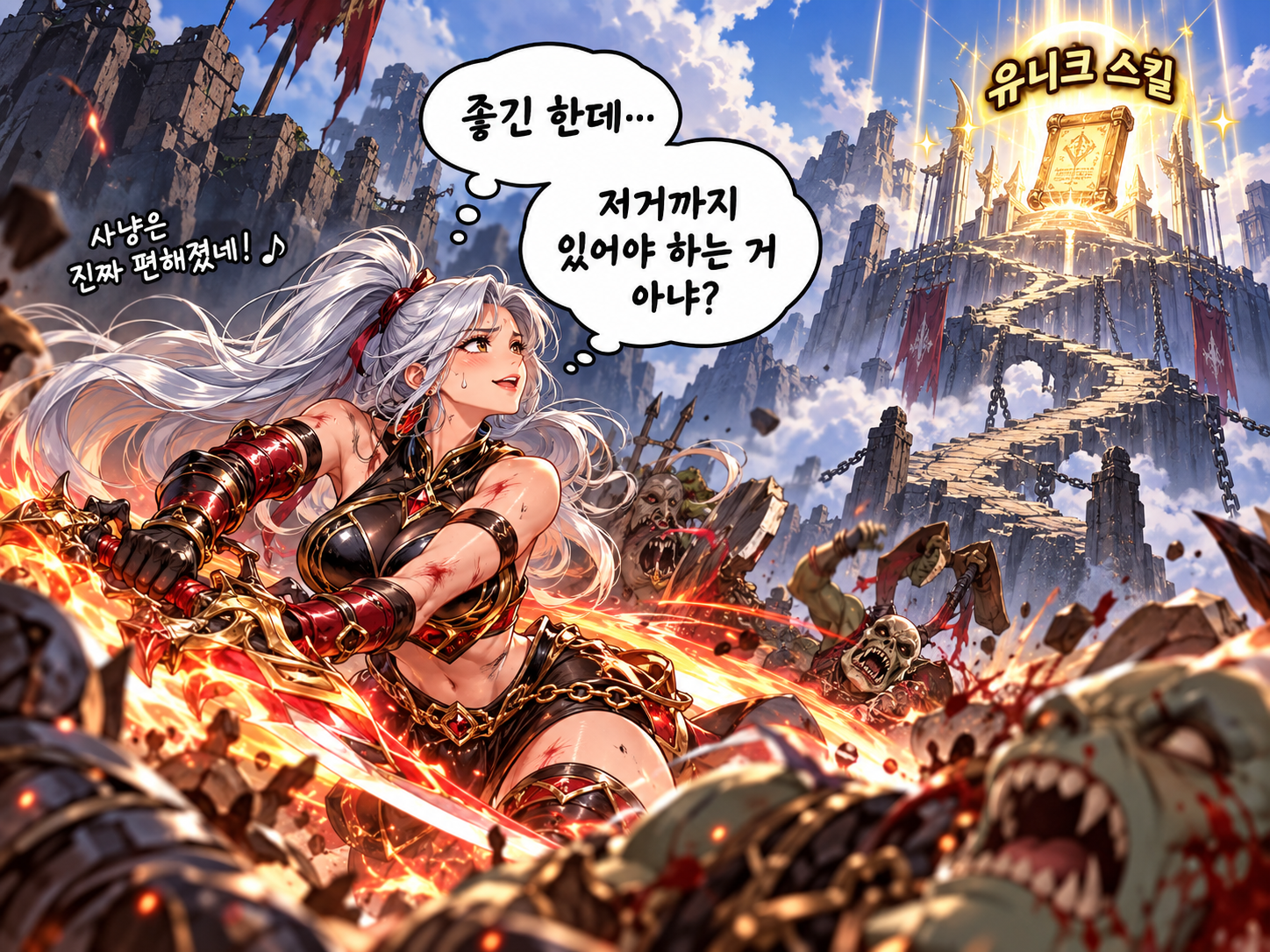 리부트된 투사에 만족하면서도 무소과금 유저가 유니크 스킬 접근성 때문에 고민하는 모습을 표현한 웹툰 이미지