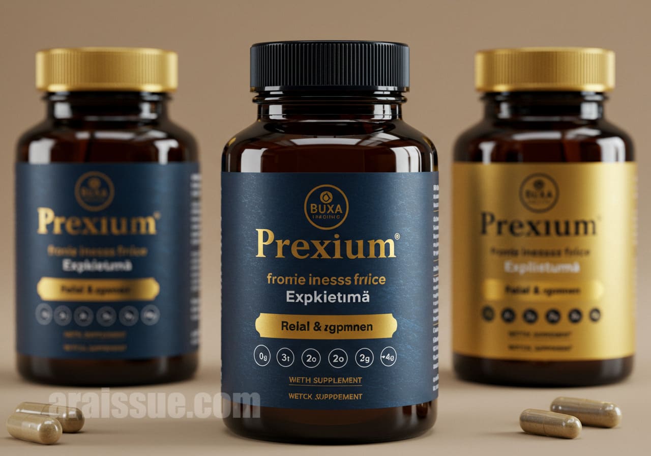 성분과 함량이 강조된 고급 디자인의 건강기능식품 병 3개