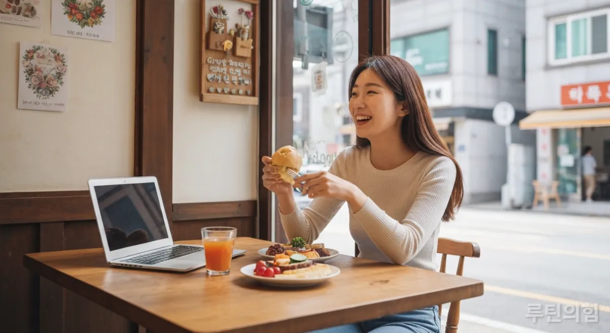 외국 도시의 카페에서 여유롭게 브런치를 즐기는 한국인 디지털 노마드